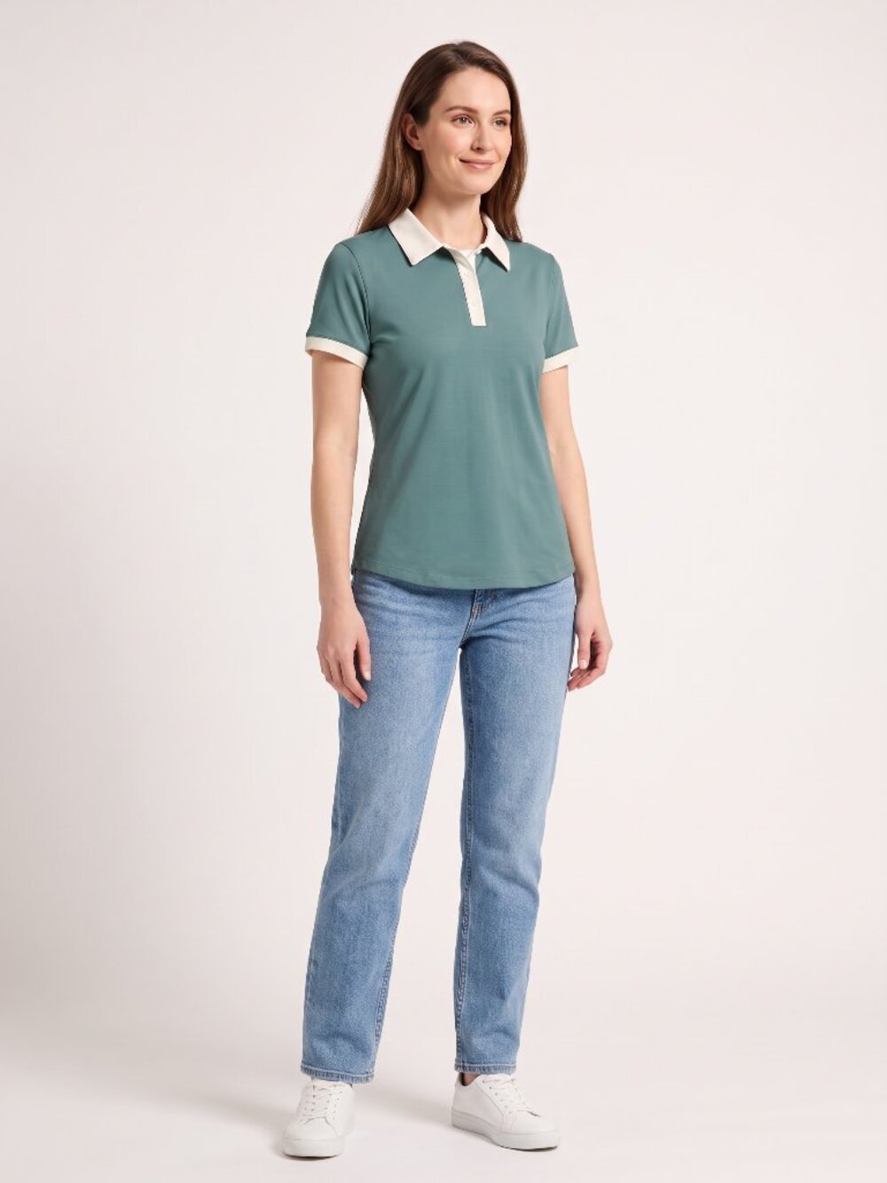 Sea Green Polo with Cream Collar, Fitted Short Sleeve Top